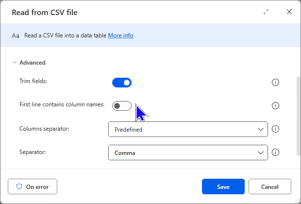 An image showing the First line contains column names option turned off