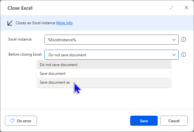 An image showing the Close Excel action, choosing to Save the document as