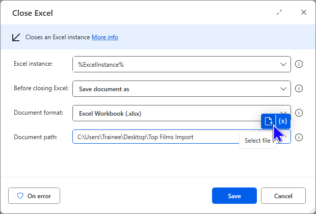 An image showing the Close Excel action filled in with relevant details