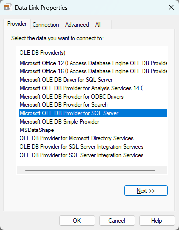 An image showing the first step for building a SQL connection string, with database choices
