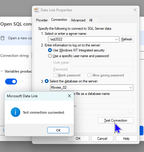 An image showing the connection deatils for SQL entered. It also shows the Test connection button having been pressed with a success message