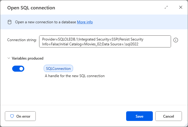 An image showing the SQL connection action with a connection string added