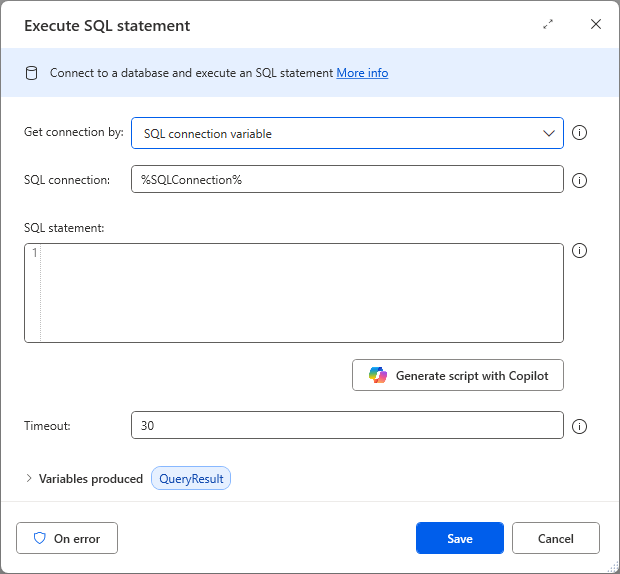 An image showing the Execute SQL action in PAD