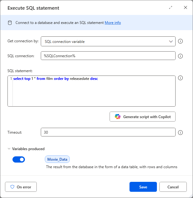 An image of the Execute SQL action with the correct SQL added