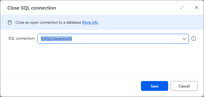 An image showing the Close SQL connection action