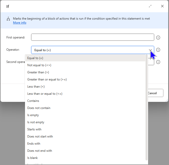 An image showing the available operators in a PAD If action