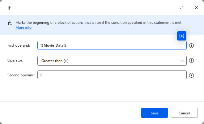 An image showing the filled in If action, minus the column I need 