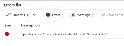 An image showing the error that occured when i saved the action