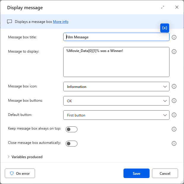 An image showing a completed Display message action