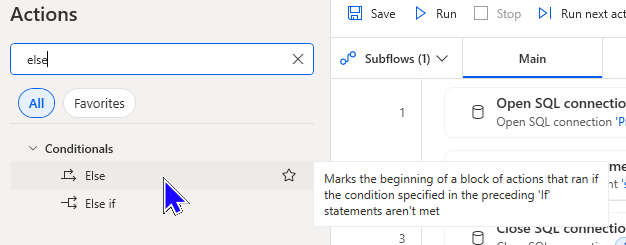 An image showing the Else action with tooltip