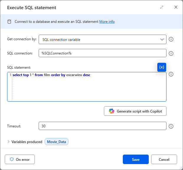 An image showing the edited SQL to return a film that has won Oscars