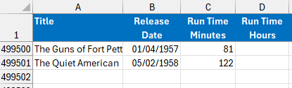 A list of films in an Excel worksheet