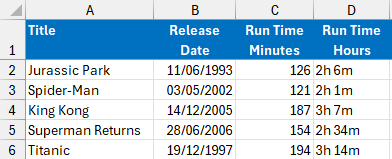 An Excel worksheet with a list of films and dates