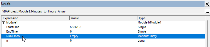 Using the Locals window in the Excel VB Editor to watch variable values