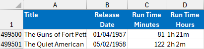 A list of films in an Excel worksheet
