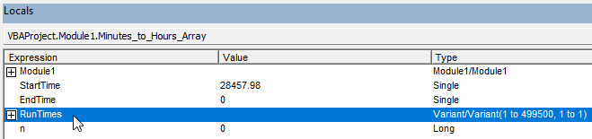 The Locals window in the Excel VB Editor showing a populated array