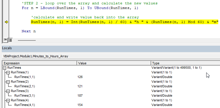 Stepping through a For loop in Excel VBA to update the contents of an array