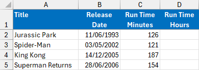A list of films in an Excel worksheet