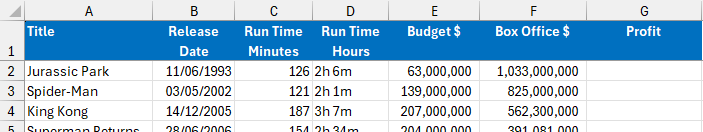 A list of films in an Excel worksheet