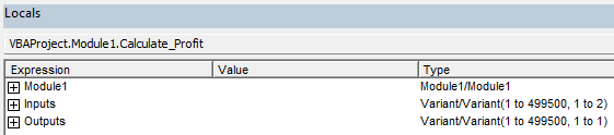 Two arrays in the Locals window in an Excel VBA project