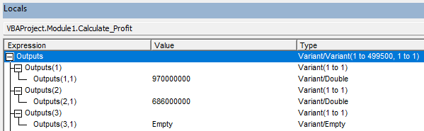 An array in the Locals window of an Excel VBA project