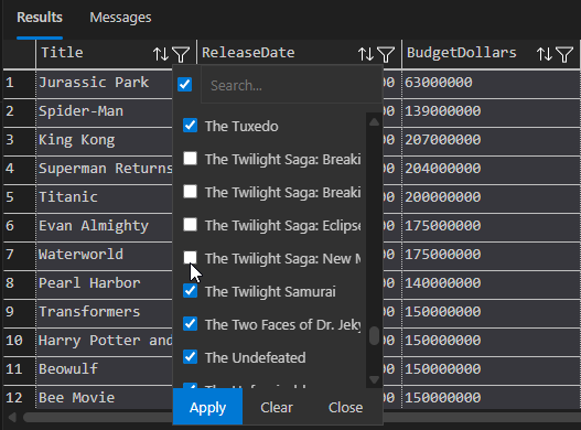 Sorting and filtering the results of a SQL query in Visual Studio Code Sorting and filtering the results of a SQL query in Visual Studio Code