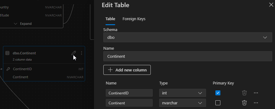 Editing a SQL Server database table in the diagram view in Visual Studio Code Editing a SQL Server database table in the diagram view in Visual Studio Code