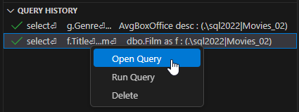The Query History pane in the MSSQL extension for Visual Studio Code The Query History pane in the MSSQL extension for Visual Studio Code