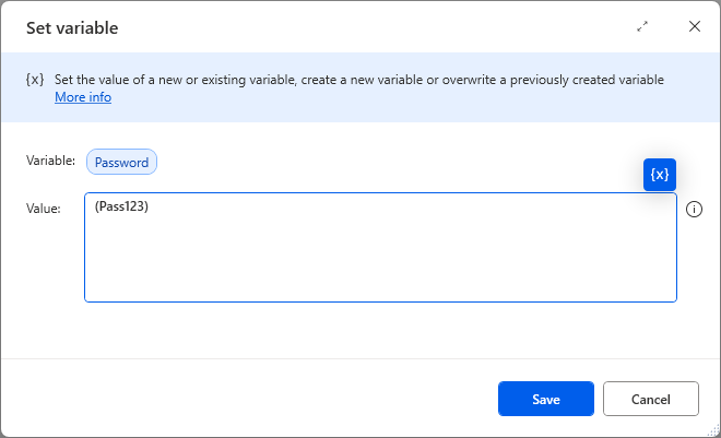 An image showing the completed action, with the variable name changed and value set
