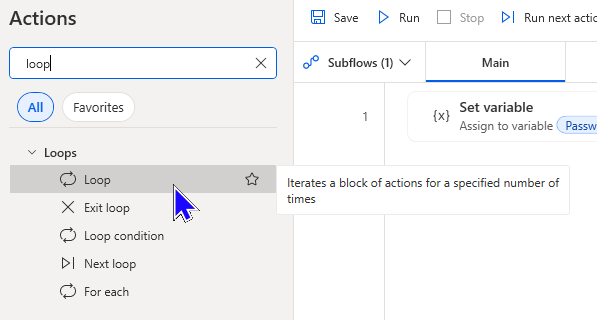 An image showing the results of searching actions for Loop. The Simple loop is highlighted.
