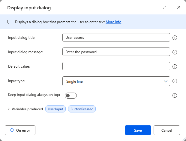 An image of the Display input action with the Title and Message completed.