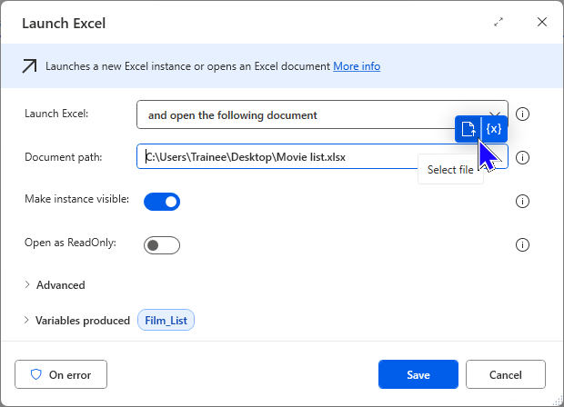 The launch Excel action with completed file name and path. The name of the instance of Excel has been renamed.