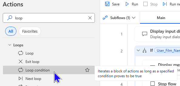 An image of the Loop condition action in the actions pane. The tooltip is showing.