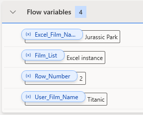 An image of the variables pane in PAD, showing the currently stored values.
