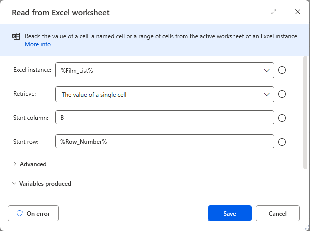 The Read from Excel action storing the value of the next film.