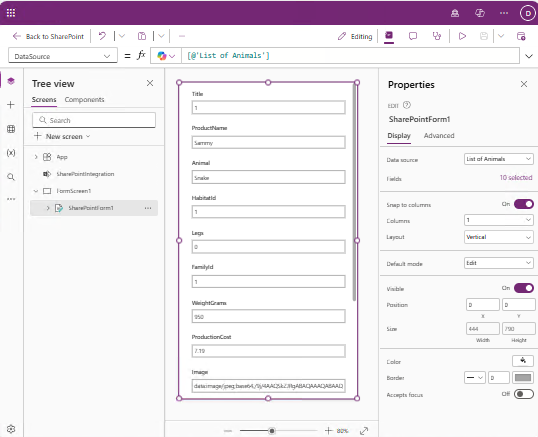 Power Apps opens with the form inside