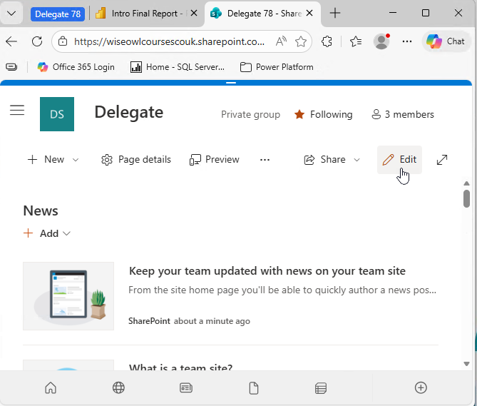 SharePoint site with the edit section