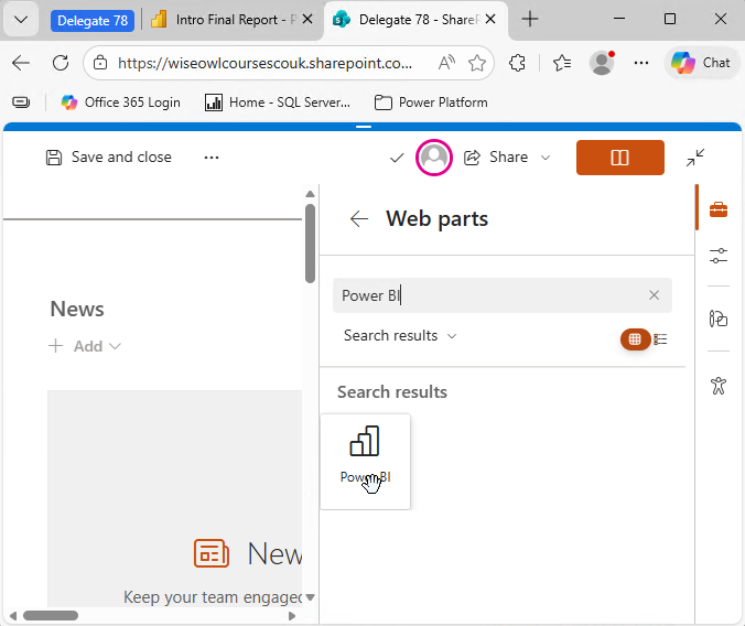 Search for the Power BI embedd option