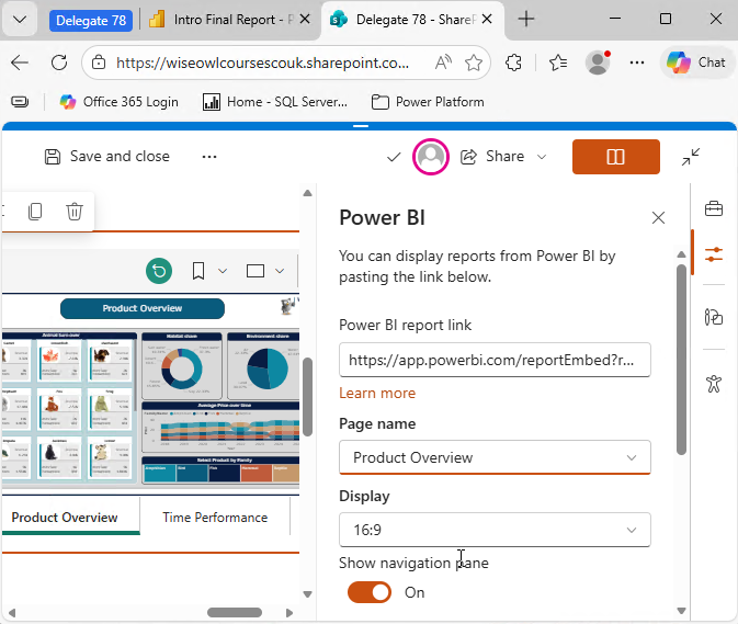 Fill in the report url and choose the page