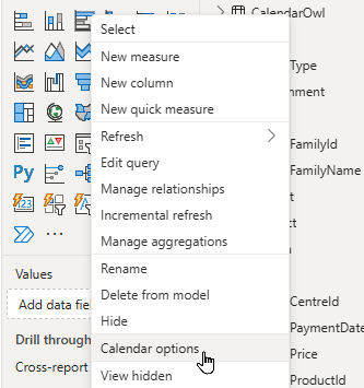 Calendar options menu
