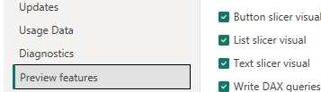 The slicer options in preview