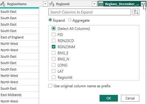 Use the Merge option to expand the table and tick the columns you want Use the Merge option to expand the table and tick the columns you want