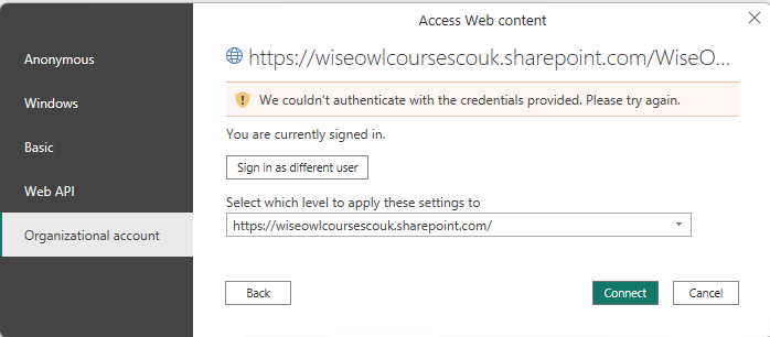 Error when connecting to Microsoft 365 services from Power BI Error when connecting to Microsoft 365 services from Power BI