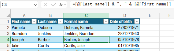 Final column of formulae