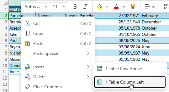 Inserting a table column