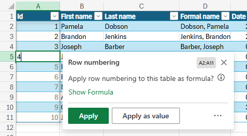 Row numbering formula