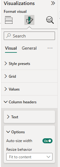 Column headers properties