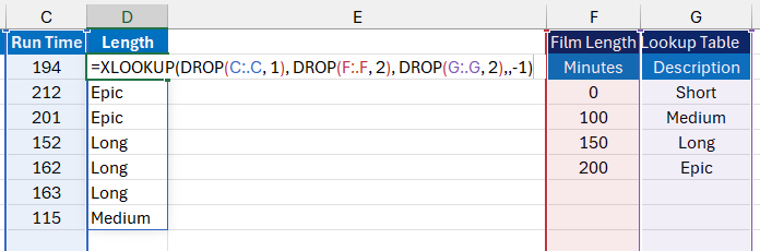 An XLOOKUP function in Excel using three DROP functions to reference cells in a worksheet. An XLOOKUP function in Excel using three DROP functions to reference cells in a worksheet.