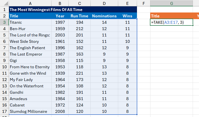 A basic TAKE function in Excel extracting 3 rows from the top of a list
