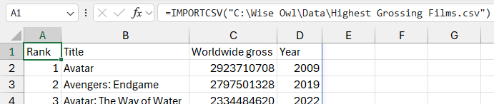 Results of using the IMPORTCSV filein Microsoft Excel to import data from a csv file into a spilled array